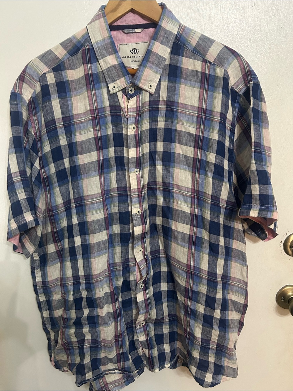 Report Collection Men’s Short-Sleeve Plaid Button-Down Shirt - Blue, Pink, White